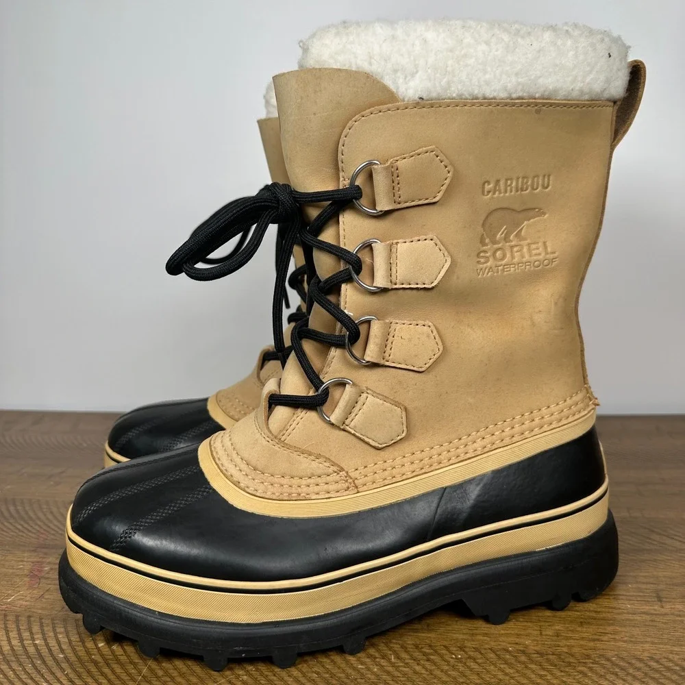 Sorel Boots Mens 9 Tan Caribou Waterproof Leather Winter Snow Hiking NM1000-281